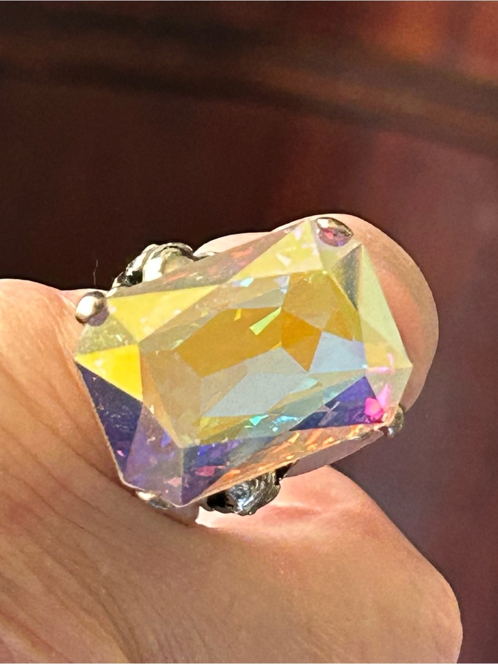 Aurora Crystal Statement Ring - Rainbow yellow tint Iridescent sz7